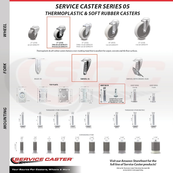 2 Inch Polyurethane Wheel 5/16 Grip Neck Stem Caster
